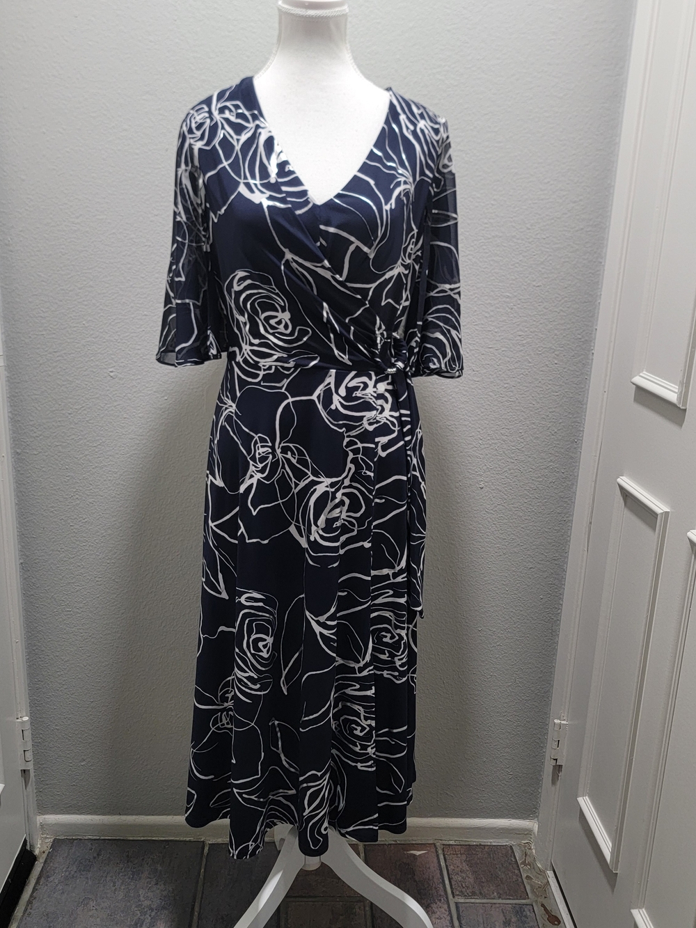 Joseph Ribkoff Signature Navy, White and Silver Floral Wrap-Style Midi Dress